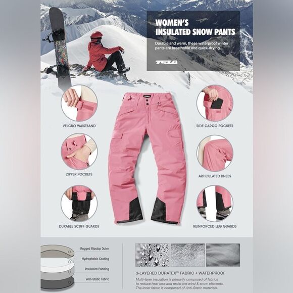 NEW TSLA Plum Winter Snow Pants Waterproof Insulated Hook Loop Waist NWT L Pink - Picture 4 of 8